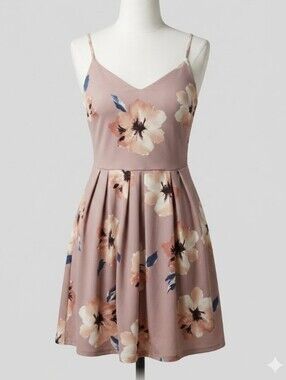 Floral Large Spaghetti-Strap Fit & Flare Dress in Dusty Mauve Womens